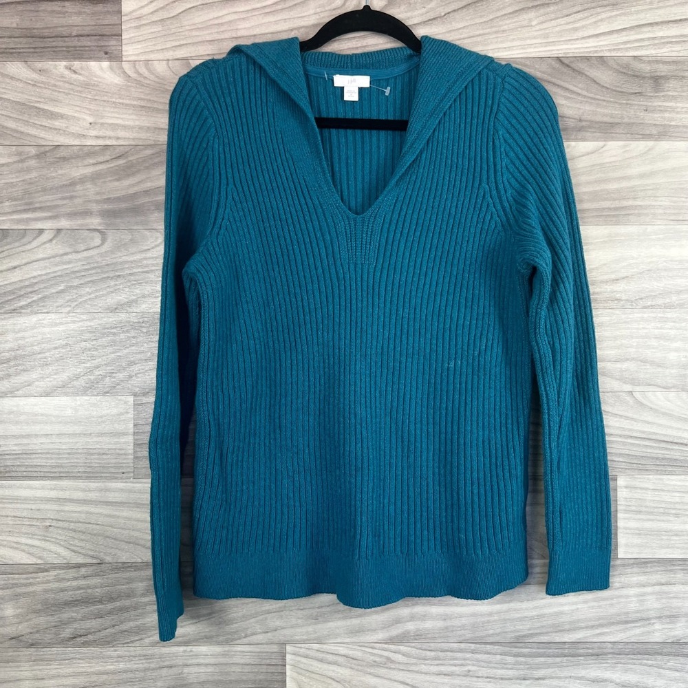 J.Jill Sweater Women's Medium Petite Turquoise Ribbed Stitch Collared‎ Pullover